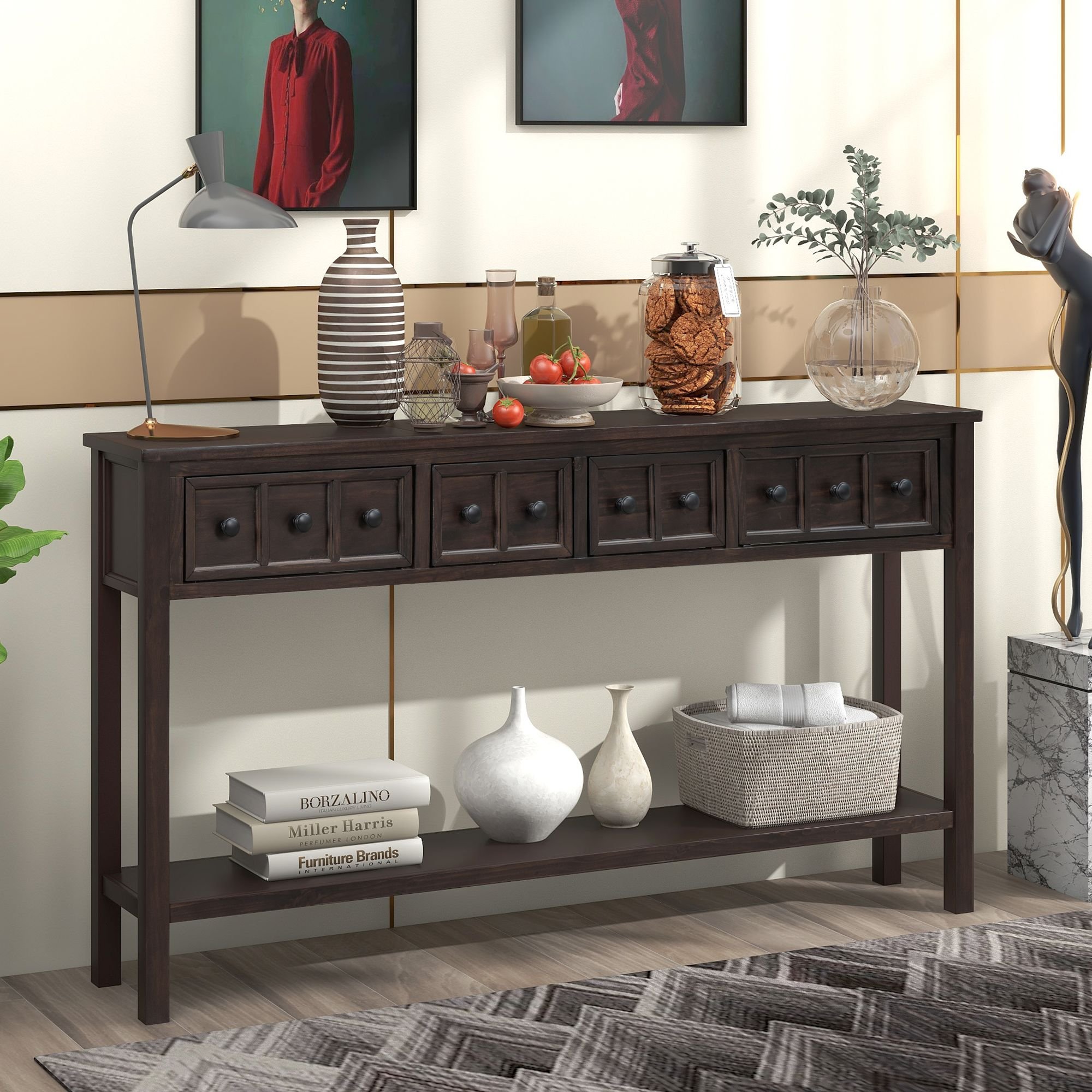 Rustic Entryway Console Table,60" Long Sofa Table with two Different Size Drawers and Bottom Shelf for Storage (Material: Solid Wood, Color: Espresso)