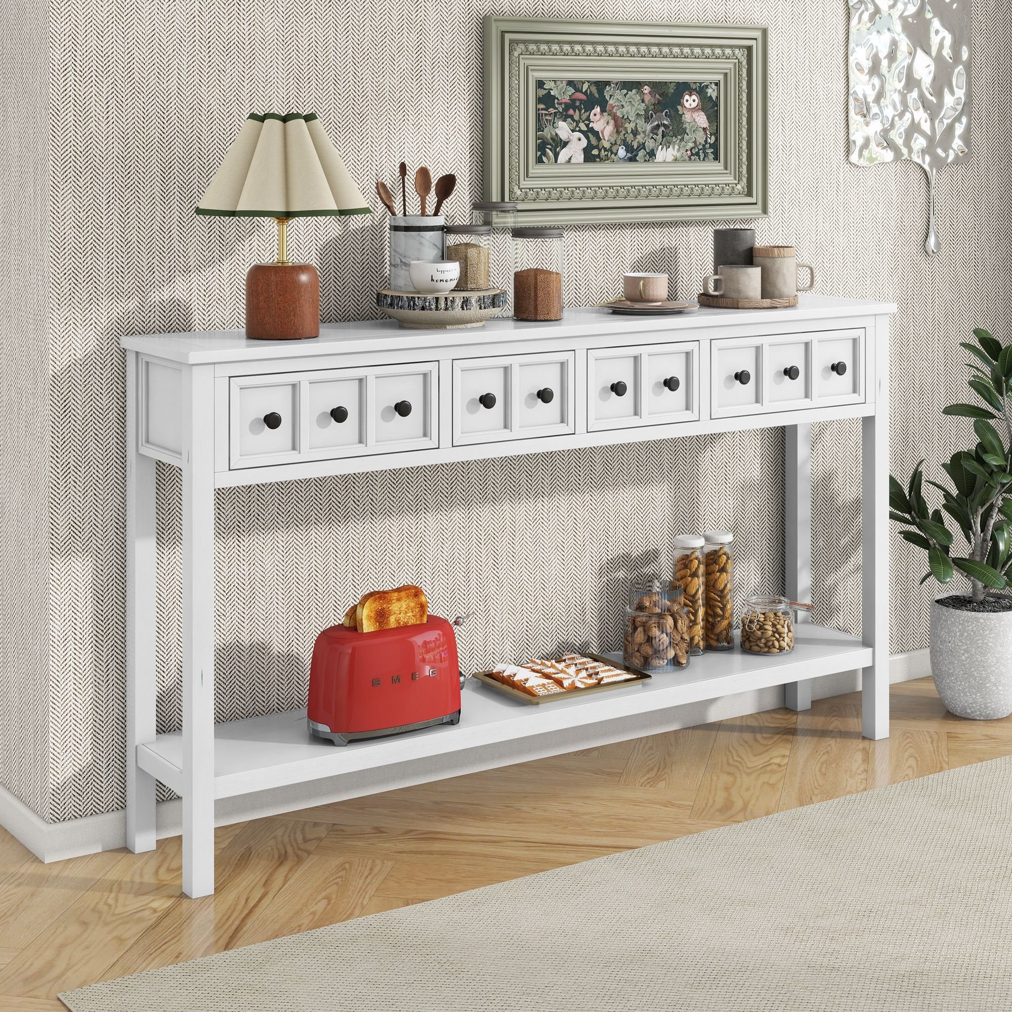 Rustic Entryway Console Table,60" Long Sofa Table with two Different Size Drawers and Bottom Shelf for Storage (Material: Solid Wood, Color: Antique White)