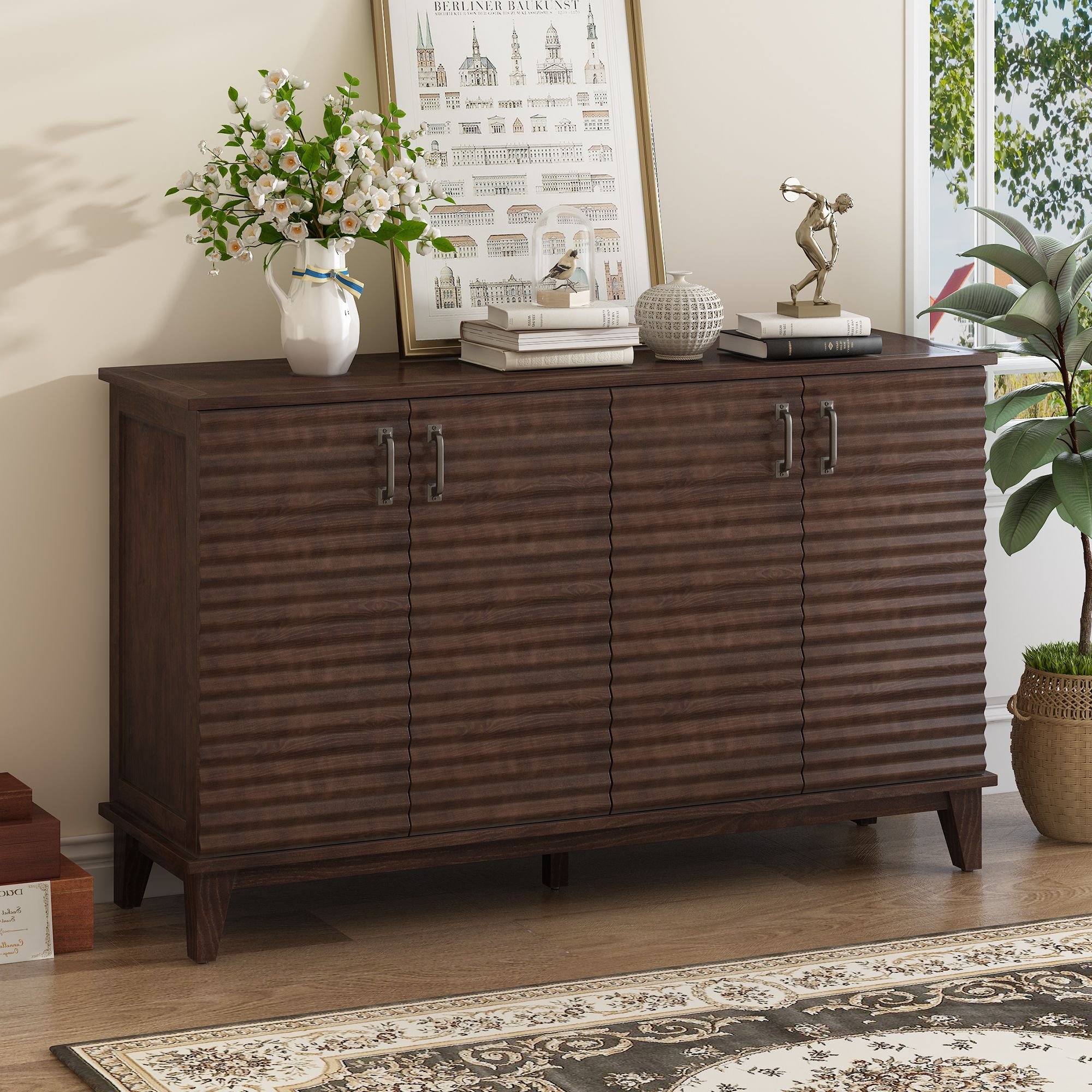 Sideboard with 4 Door Large Storage Buffet with Adjustable Shelves and Metal Handles for Kitchen,Living Room,Dining Room (Material: MDF, Color: Espresso)