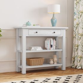 Retro Console Table with Drawer and Two Sturdy Shelves for Entryway,Living Room (Material: MDF,Rubber Wood, Color: Antique White)
