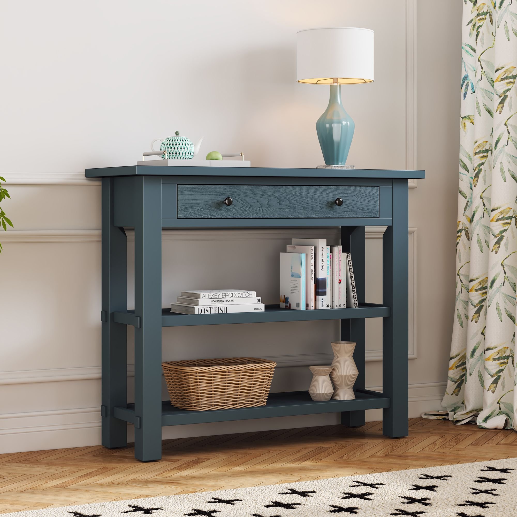 Retro Console Table with Drawer and Two Sturdy Shelves for Entryway,Living Room (Material: MDF,Rubber Wood, Color: Navy)