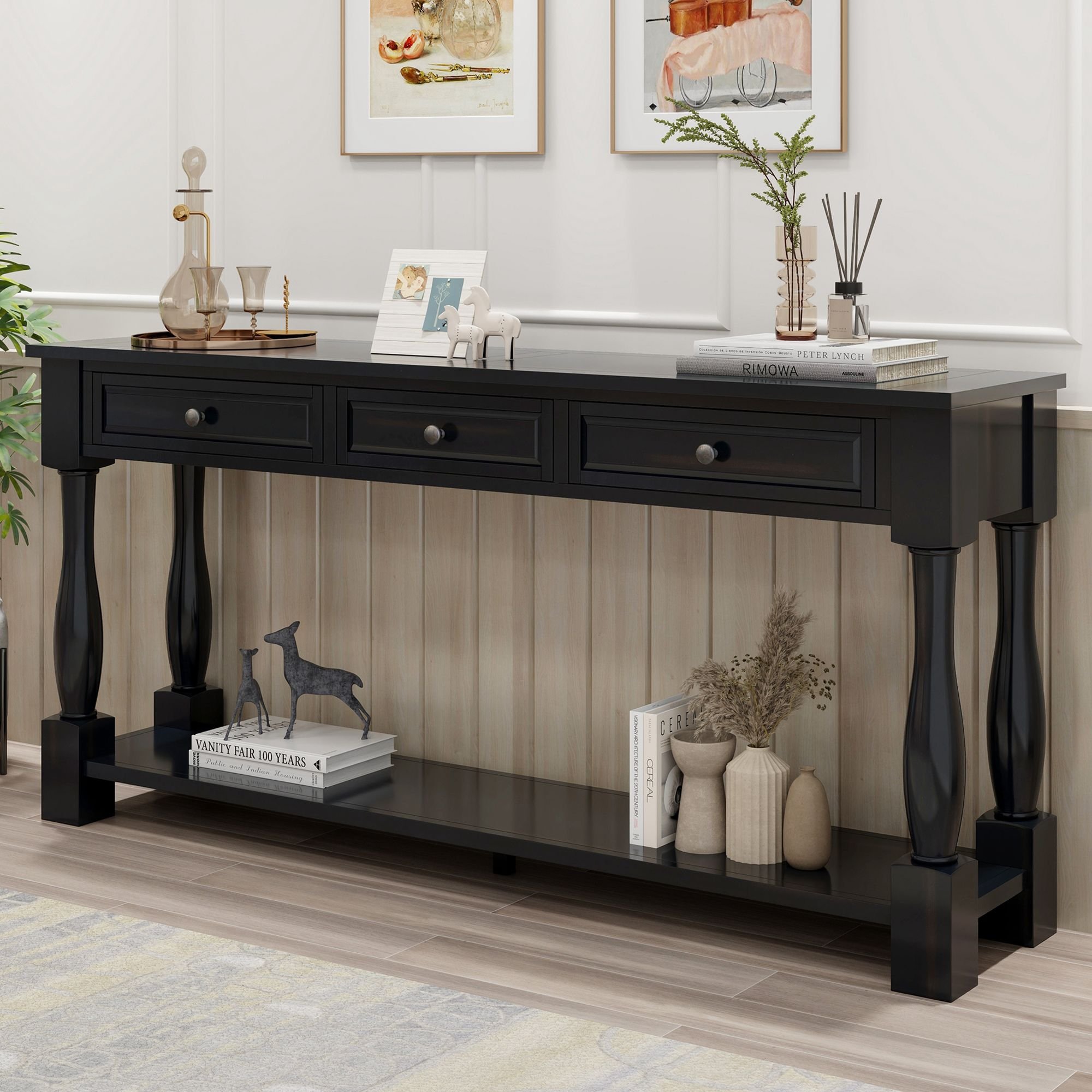 Console Table 63" Long Console Table with Drawers and Shelf for Entryway,Hallway,Living Room (Material: Solid Wood, Color: Espresso)