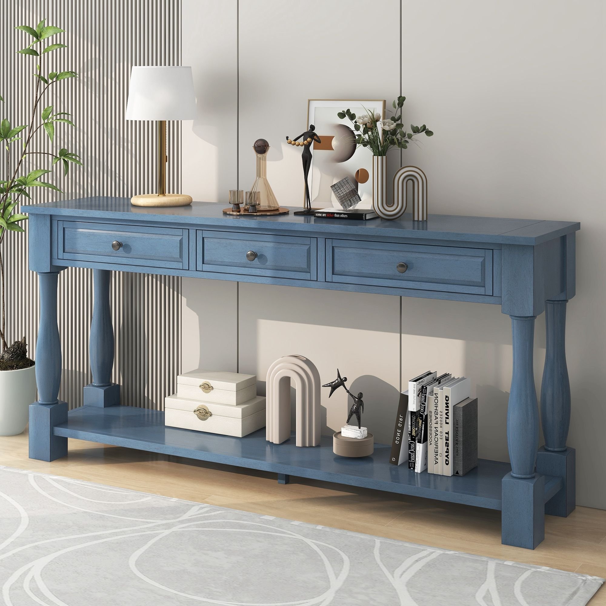 Console Table 63" Long Console Table with Drawers and Shelf for Entryway,Hallway,Living Room (Material: Solid Wood, Color: Navy)