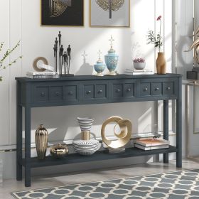 Rustic Entryway Console Table,60" Long Sofa Table with two Different Size Drawers and Bottom Shelf for Storage (Material: Solid Wood, Color: Navy)