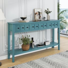 Rustic Entryway Console Table,60" Long Sofa Table with two Different Size Drawers and Bottom Shelf for Storage (Material: Solid Wood, Color: Turquoise Green)