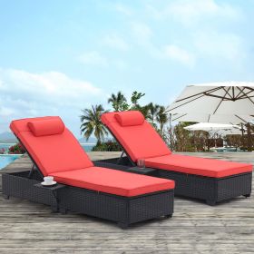 Outdoor Patio Chaise Lounge Chair,Lying in bed with PE Rattan and Steel Frame,PE Wickers (Color: black+red)