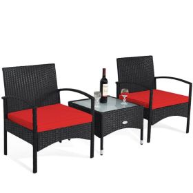 3 Pieces Patio Wicker Rattan Furniture Set with Cushion for Lawn Backyard (Color: Red)