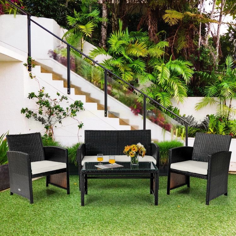 4 Pieces Patio Rattan Cushioned Furniture Set (Color: White)