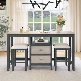 Farmhouse Rustic 3-piece Counter Height Wood Dining Table Set with Cabinet,2 Storage Drawers and 2 Stools for Small Places (Material: Solid Wood, Color: Gray)