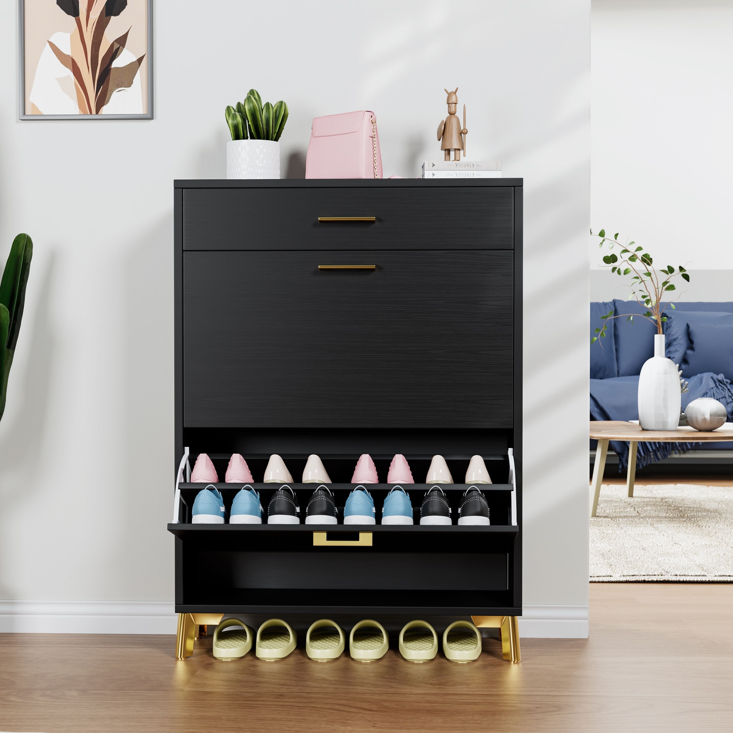 Shoe Storage Cabinet for Entryway, Free Standing Shoe Organizer with 2 Flip Drawers, Hidden Shoe Rack Storage Organizer for Doorway Hallway Closet (Color: as Pic)