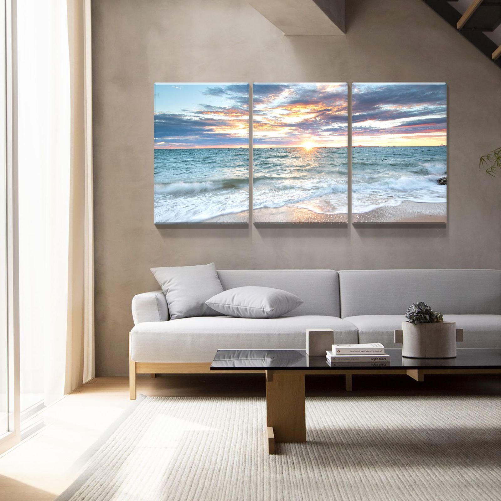 3 panels Framed Canvas Wall Art Decor,3 Pieces Sea Wave Painting Decoration Painting for Chrismas Gift, Office,Dining room,Living room, Bathroom (Color: as Pic)