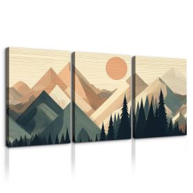 3 Panels Framed Abstract Wood Grain Boho Style Mountain & Forest Canvas Wall Art Decor,3 Pieces Mordern Canvas Decoration Painting for Office (Color: as Pic)
