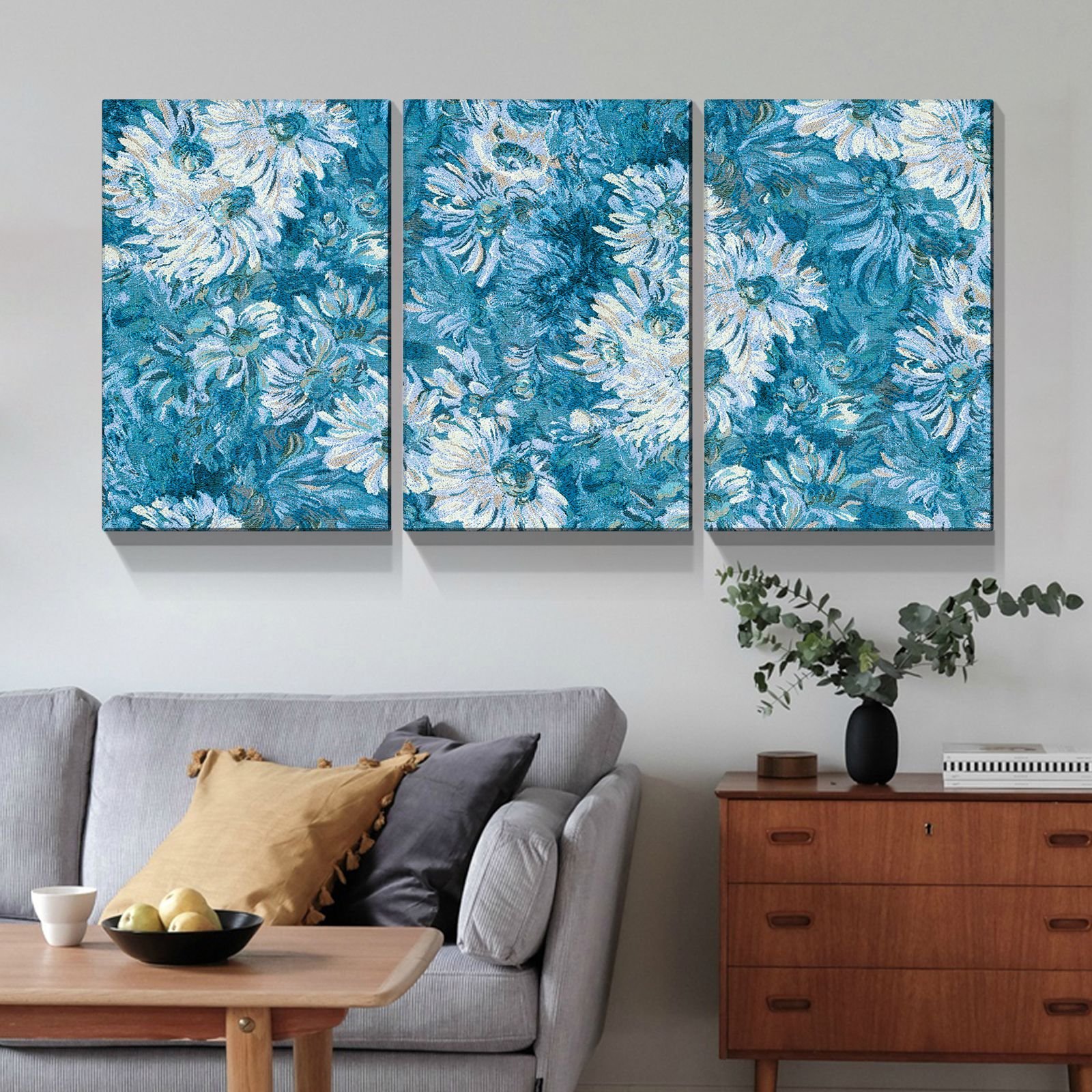 Framed Canvas Wall Art Decor Abstract Painting, Cyan Color Daisy Oil Painting Style Decoration For Restaurant, Kitchen, Dining Room (Color: as Pic)