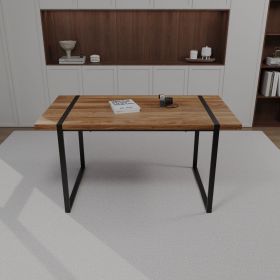 59 " dining table modern industrial rectangular MDF light wood , 4-6 people, 1.5" thick engineering wood tabletop and black rectangular metal legs (Color: Dark wood color)