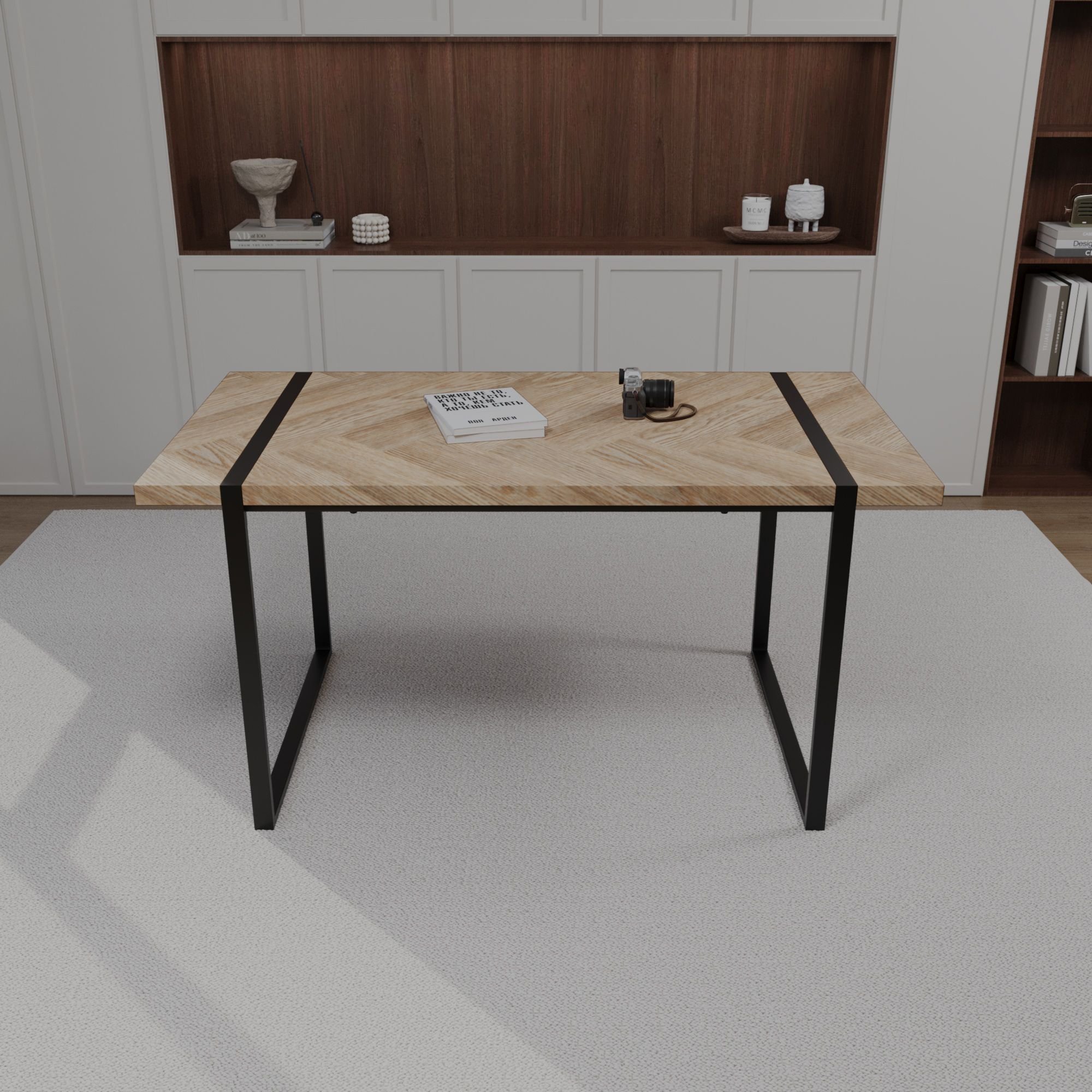 59 " dining table modern industrial rectangular MDF light wood , 4-6 people, 1.5" thick engineering wood tabletop and black rectangular metal legs (Color: Light wood color)