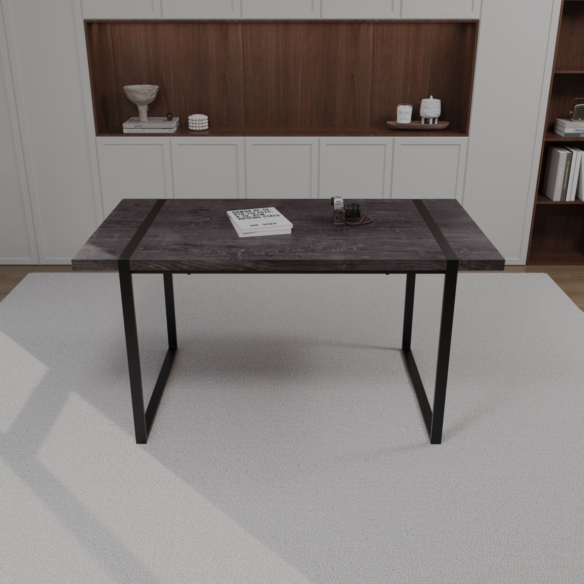 59 " dining table modern industrial rectangular MDF light wood , 4-6 people, 1.5" thick engineering wood tabletop and black rectangular metal legs (Color: Black)